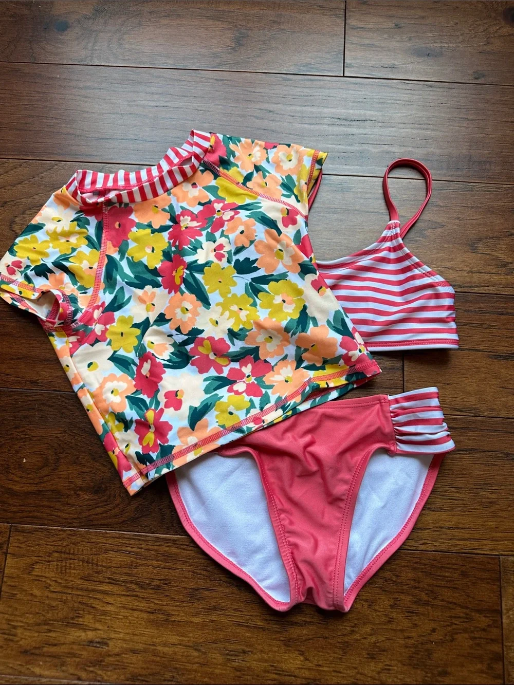 art class Girls Floral Blue Tropical and Coral Stripe Swim Set